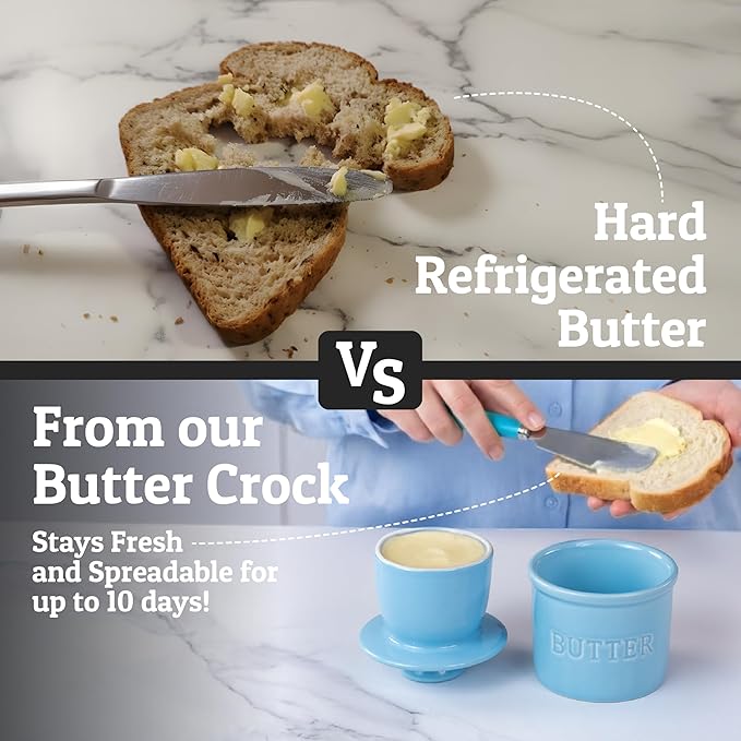 PriorityChef Butter Crock with Lid with Water Line, Ceramic French Butter Dish to Leave On Counter, Light Blue