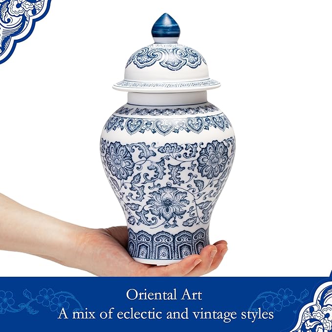 10 Inches Blue and White Ginger Jars with Lid, Small Chinoiserie Porcelain for Home Room Office Decoration, Jingdezhen Art Decor Vase (Unglazed)
