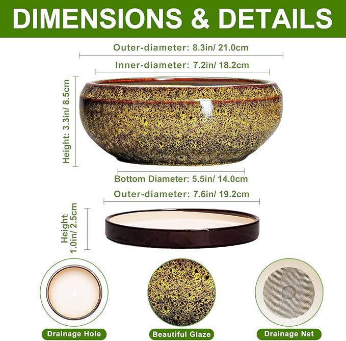 Succulent Planters 8 Inch - Ceramic Bonsai Pots with Drainage Hole and Tray, Shallow Plant Pot Indoor Outdoor, Round Succulent Pots, Planter Bowl, Porch Decor, Housewarming Gifts, Yellow