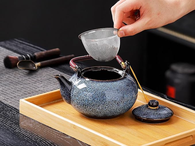 Traditional Japanese tea set, Kiln altered glaze Porcelain tea set with 1 teapot (23.5oz/700ml), 6 teacups (4oz/120ml), 1 Tea Tray,Japanese teapot set, Asian tea sets (Kiln altered Blue)