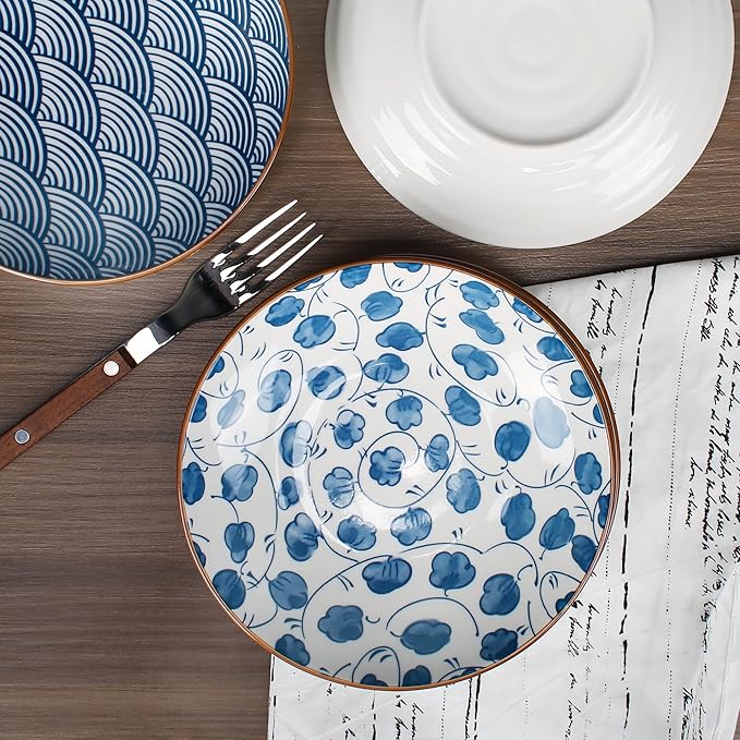 Small Ceramic Salad Plates Set of 4, 7 Inch (13oz) Japanese Appetizer Plates for Sushi Snacks, Dessert Plates for Cake Fruit, Blue & White Dinnerware, Microwave Dishwasher Safe