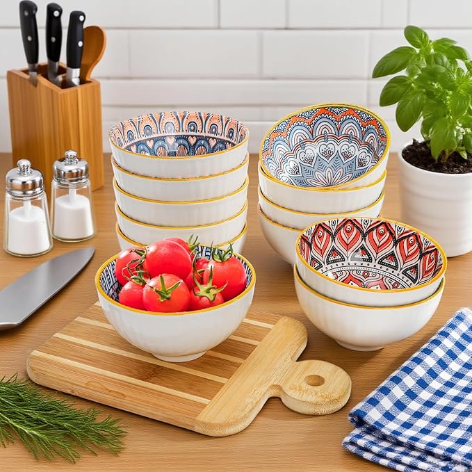12 Pack Small Ceramic Bowls Set, 10Oz Colorful Dessert Bowl, 4.5Inch Ice Cream Bowls, Porcelain Boho Decorative Bowl for Snack Soup Condiments, Side Dishes, Kitchen, Microwave Safe (4 Styles)