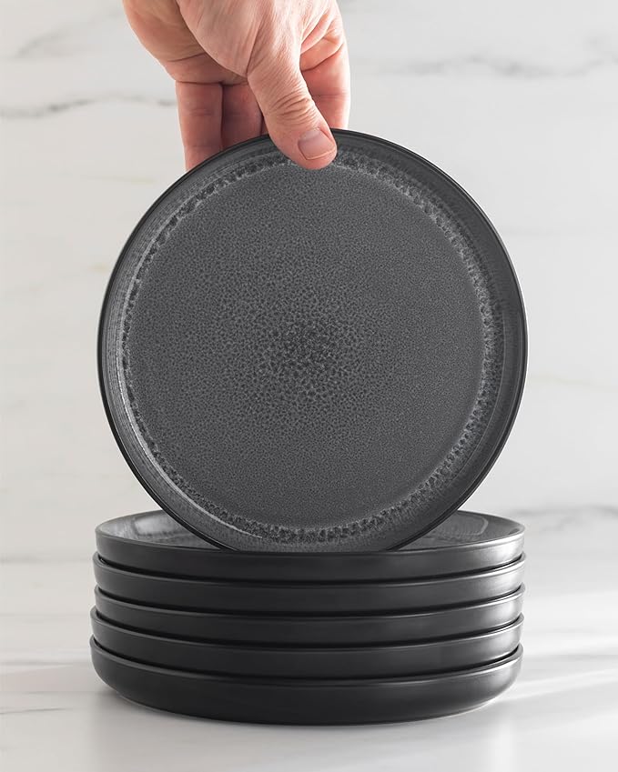 Stoneware breakfast & dessert plates set 2 pcs – Dark gray stylish cake plates – Dishwasher, microwave and scratch resistant – Small salad plates – Dinner service