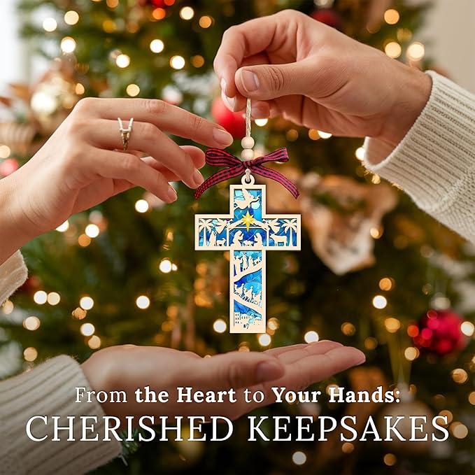 HEXMOZ Nativity Cross Ornament for Christmas Tree - Religious, Christian Christmas Ornaments 2025 Gifts for Family - Acrylic Wood Nativity Scene Cross, Jesus Hanging Ornament, Holy Family Decoration