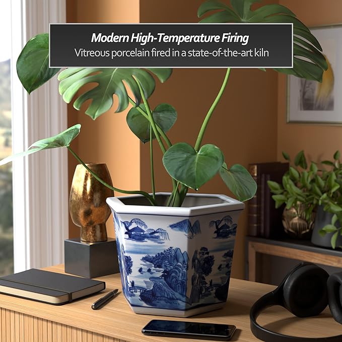 Red Lantern 10" Porcelain Flower Pot, Landscape Blue-White