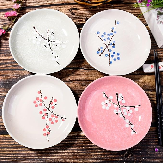 Set of 4 Japanese-Style Ceramic Plates – 7 Inch Asian-Inspired Dinner Plates with 4 Unique Patterns, Microwave & Dishwasher Safe, Handcrafted Artisan Designs, Elegant Tableware for Home Dining & Gifts