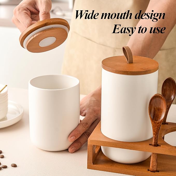 White Ceramic Canister Set of 2 with Bamboo Lids, Wooden Stand & Spoons – 35oz & 28oz Airtight Food Storage Jars for Coffee, Sugar, Tea, Kitchen Counter Organizer