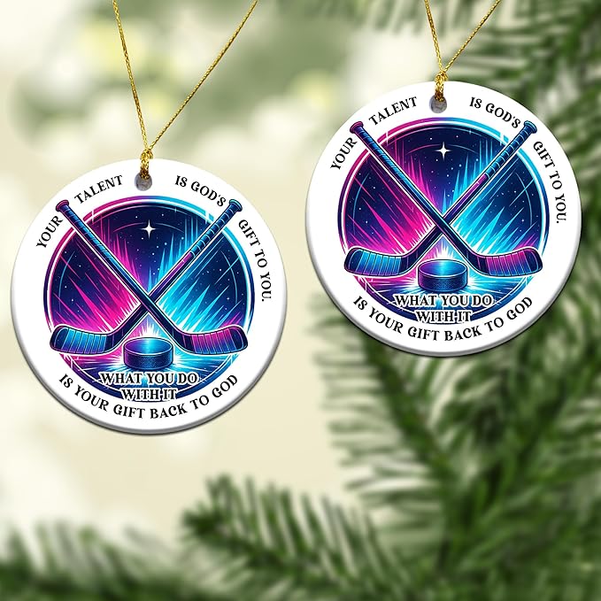 Ice Hockey Christmas Ornament -Round Ceramic 3", Holiday Tree Decoration Keepsake, Hockey Player for Boys Girls