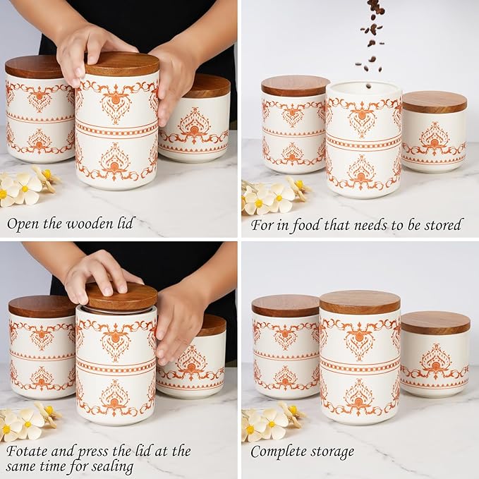 Sunddo Ceramic Canister Sets for Kitchen Counter with Airtight Wood Lids, Food Storage Jars for Coffee, Sugar, Tea Set of 3