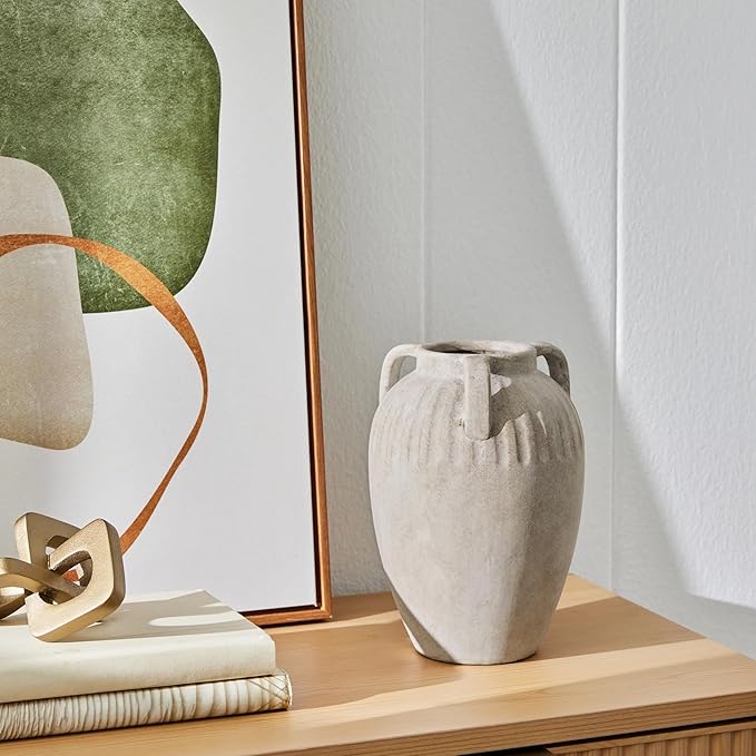 Three Handled Ceramic Vase, 10 Inch Ivory Tabletop Flower Vase for Home Decor, Modern Sculptural Centerpiece with Unique Triple Handles for Living Room Shelf Entryway