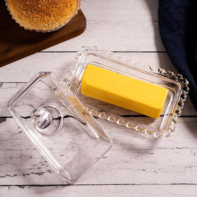 Glass Butter Dish with Heart Lid, Clear Glass Covered Butter Stick Holder Tray, Crystal Butter Storage Container for Fridge Countertop