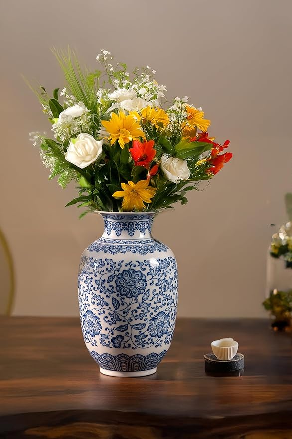 Blue and White Vase, Chinoiserie Porcelain for Living Room Shelf, Entryway Decor & Blue and White Home Centerpiece, Blue Vases Home Décor,11" H