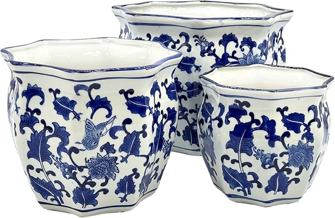 Galt International Blue & White Round Fluted Floral Porcelain Ceramic Plant Flower Planter Pot Set of 3 (7.5", 10", 13") Garden Pots Chinese Asian Design