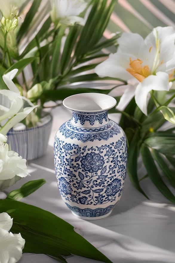 Blue and White Vase, Chinoiserie Porcelain for Living Room Shelf, Entryway Decor & Blue and White Home Centerpiece, Blue Vases Home Décor,11" H