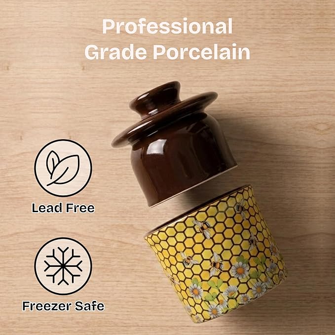 Pottery Butter Keeper Crock - Ceramic Butter Dish with Water Line for Countertop, Keep Butter Fresh-Honey Bee Design