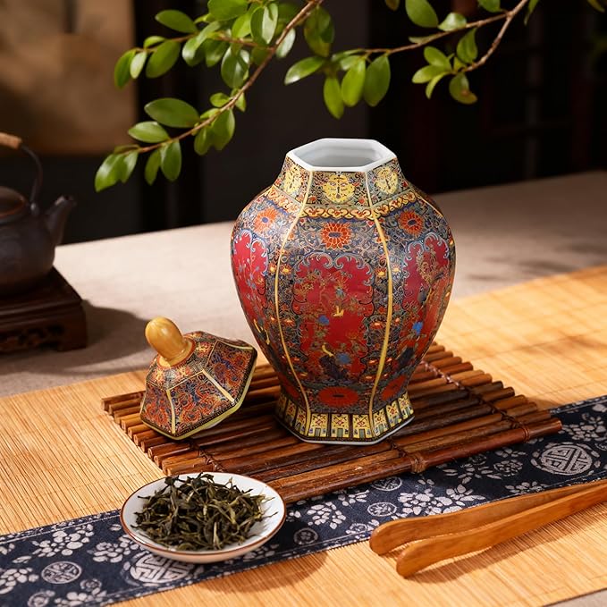 Ceramic General Jar - Antique Cloisonné Enamel Vase with Gold Rim, 11.8" Tall Storage Canister for Kitchen, Jingdezhen Porcelain Vase for Home Decor, Ideal Gift for Housewarming