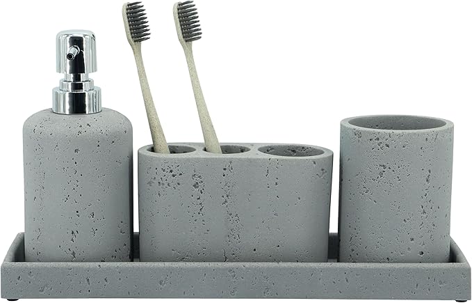 ZCCZ -Beige Bathroom Accessories Set 4 Pcs - Toothbrush Holder, Soap Dispenser, Vanity Tray, Bathroom Tumbler - Countertop Vanity Organizer - Bathroom Accessory Set- Toothbrush Holder Set, Stone Sets