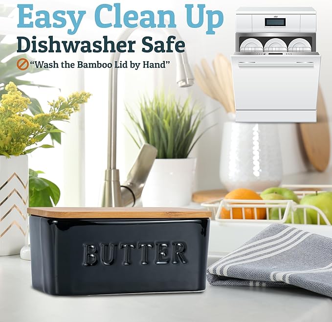 PriorityChef Extra Large Butter Dish with Lid for Countertop, Ceramic Butter Container With Airtight Cover, Butter Keeper for Counter or Fridge, Black Butter Holder Storage