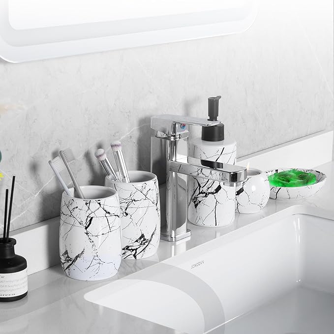 Ceramic Bathroom Accessory Set, 5-Piece Bathroom Accessory Set, Soap Dish, Toothbrush Holder, Soap Dispenser, Bathroom Tumbler & Candle Holder - Modern Bathroom Organizer, (White & Black)