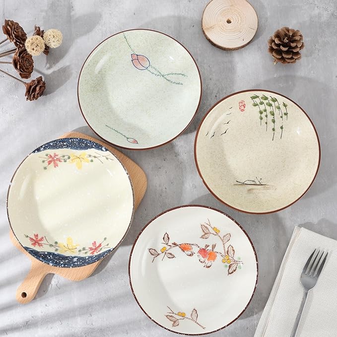 clothmile 7 Inch Japanese Retro Ceramic Dinner Plates Set of 4 Japanese Style Plates Asian Chinese Plates for Cereal, Soup, Dessert, Snack, Fruit, Salsa for Christmas Holiday Present