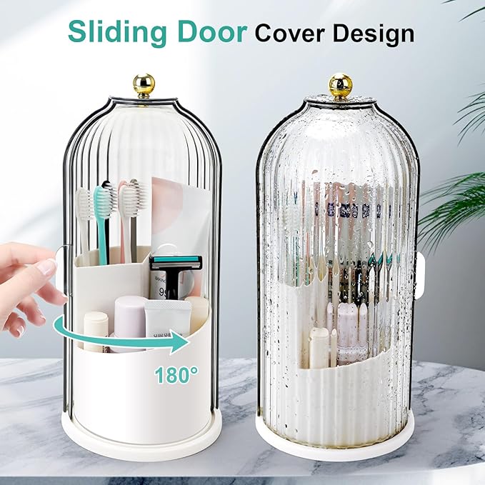 Toothbrush Holders with Sliding Lid, Rotating 3 Slots Bathroom Organizer Countertop, Tooth Brush Toothpaste Holder Bathroom Counter Stand Sink Organizer Caddy for Vanity Makeup Brushes Holder