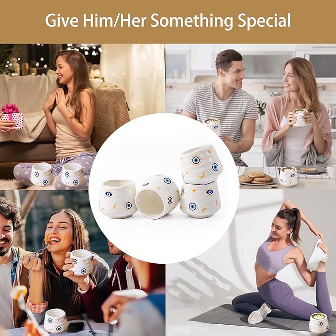 4pcs Japanese Tea Cup Set – 160ml 5.4OZ Ceramic Matcha Cup, Small Handless Espresso Cups, Cute Coffee Mugs for Valentine (Evil Eye)