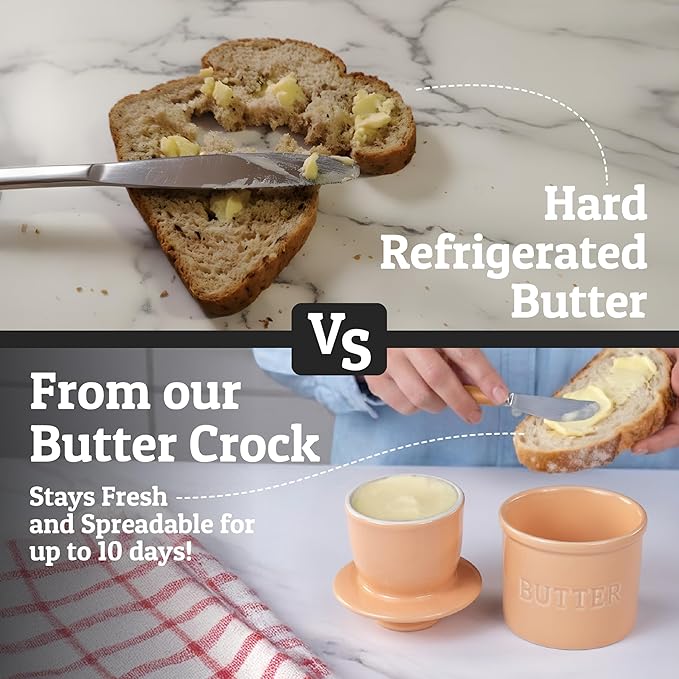PriorityChef Butter Crock with Lid with Water Line, Ceramic French Butter Dish to Leave On Counter, Peach