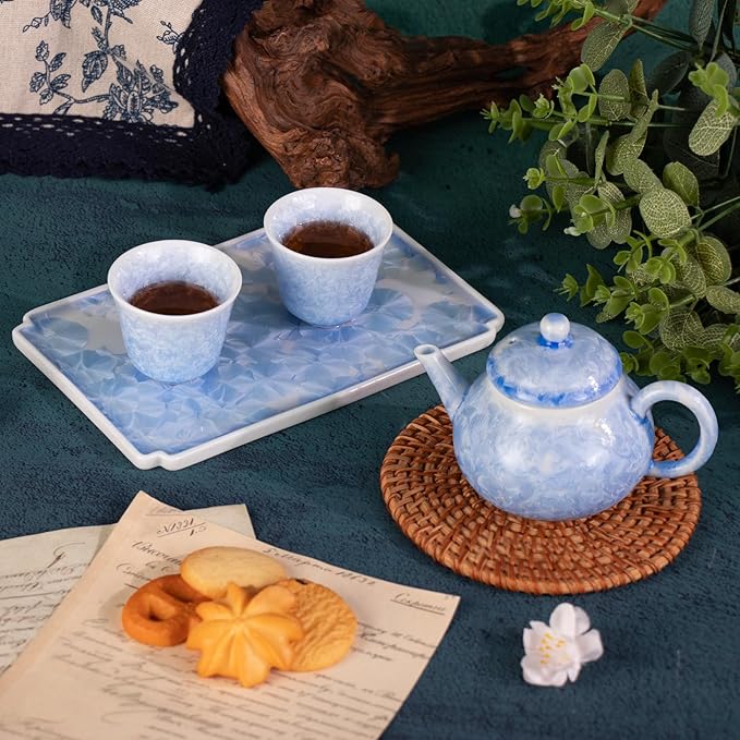 KAMMAK Tea Set for Adults Porcelain Tea Pot and Tea Cups Set,Ice Crystal Blue Japanese Ceramic Tea Cups and Saucers Set, Chinese Gong Fu Tea Set (2 Cups +1 Pear-shaped Teapot + 1 Square Plate)