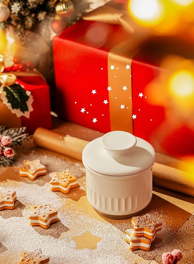 Sweese Embossed French Butter Crock with Water, Ceramic Butter Keeper with Lid for Countertop, Vintage White & Ochre Butter Dish, Dishwasher & Microwave Safe