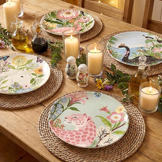 4 Piece Ceramic Plates Set, 8.5Inch Dessert & Salad,Appetizer Plates，Illustrated style Prints, Suitable for Serving Pasta, Pizza. Dishwasher, MicrowaveSafe.gift for birthdays and holidays(8.5inch)