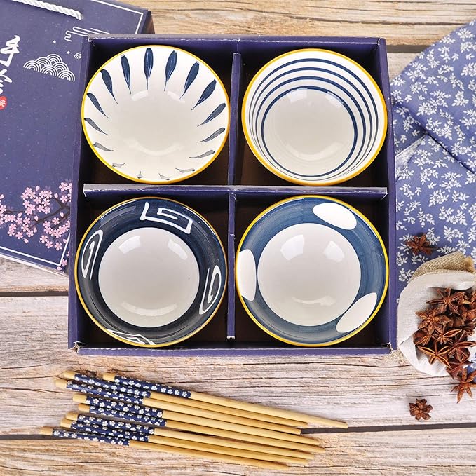 VanEnjoy Set of 4 Japanese Style Ceramic Rice Bowl with Chopsticks in Gift Box,Vintage Blue Hand Painted Pattern Bowls Set,Underglazed Dinnerware,For Dessert Snack Cereal Soup