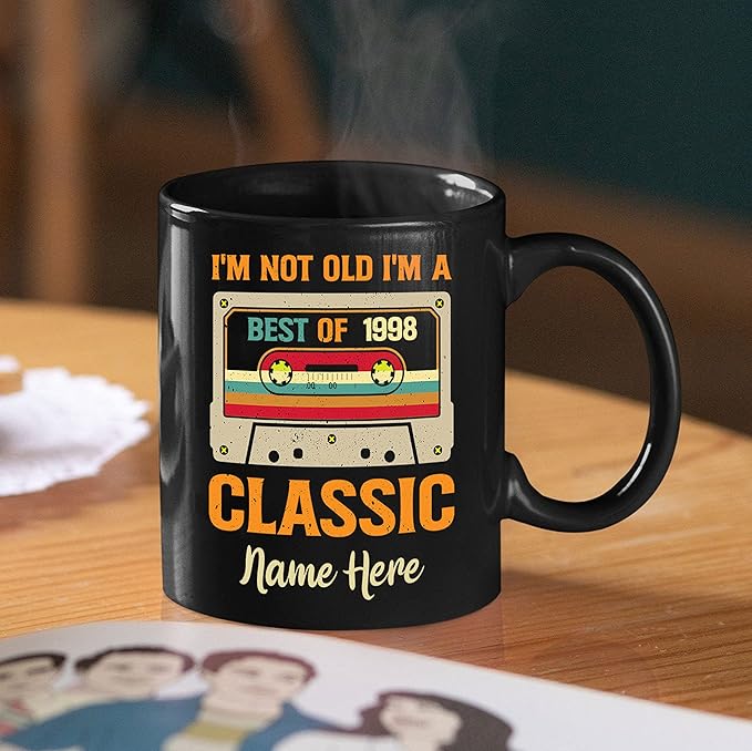 PREZZY I'm Not Old I'm a Classic Best of 1998 25th Birthday Gifts Vintage Cassette Tapes Collection Coffee Mug 25 Year Old Birthday Decorations for Men Women Dad Mom Personalized Mug 11oz 15oz Black
