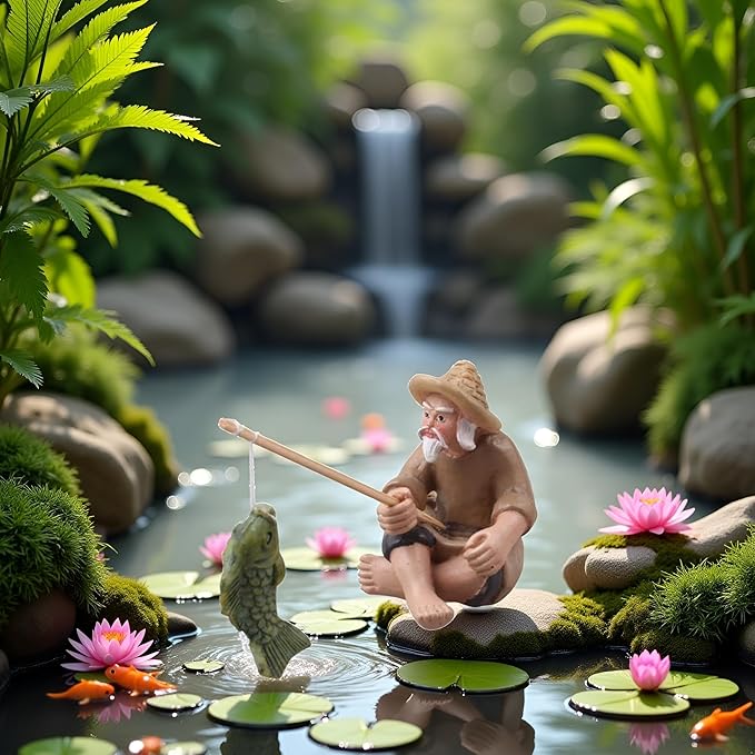 Miniature Fisherman Figurines,Fishing Old Man Ornament Chinese Mudman Sitting Garden Statue Ornament, Outdoor Statues, Garden Sculptures and Statues, Outdoor Décor