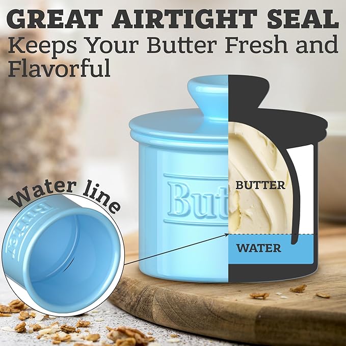 Premium Butter Crock with Lid - Original Design French Butter Dish - Beautiful Ceramic Butter Keeper for Counter with Water Line - Perfect to Keep Butter Soft and Spreadable - Light Blue