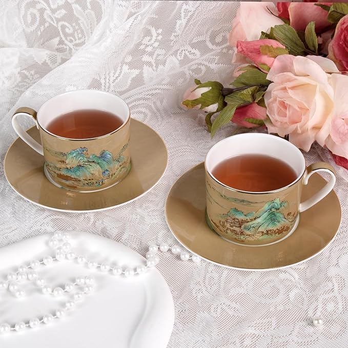KAMMAK Tea Cups and Saucers Set of 2, Fine Bone China Coffee Cups, Stackable Espresso Mugs, Ceramic Demitasse for Coffee, Cappuccino, Latte, Americano, Tea, Large - River and Mountains
