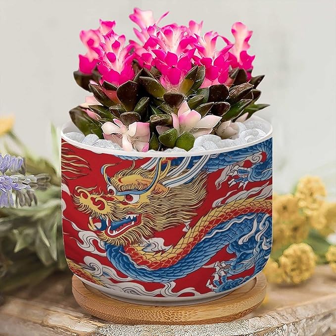 1 Piece Red and Auqa Dragon Small Succulents Plant Pot Oriental Chinoiserie Houseplant Pot for Cactus with Drainage Holes Chinoiserie Dragon Ceramics Planters for Indoor Plants