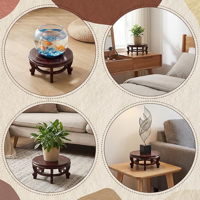 10 Inch Wooden Plant Stand Indoor Chinese Vase Fishbowl Display Stands Round Asian Style Wood Tall Planter Display for Home Indoor Plants Outdoor Decoration