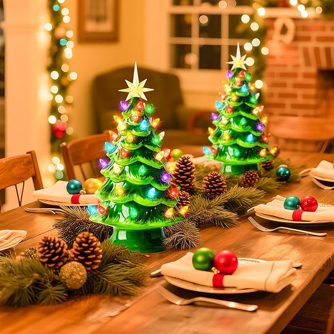 Minetom 13 Inch Ceramic Christmas Tree, Tabletop Christmas Tree with Multicolored LED Lights and Star, Battery Operated Vintage Lighted Ceramic Tree for Home Office Table Holiday Decorations