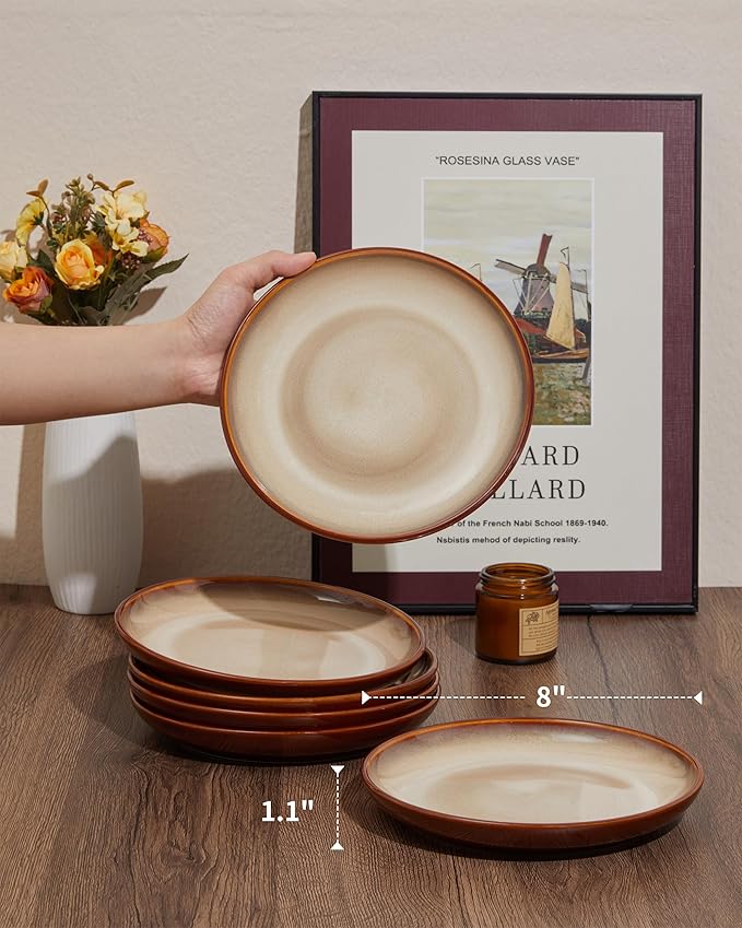 Stoneware Plates Set of 6, 8 Inch Handmade Reactive Glaze Ceramic Set for Dessert, Salad, Appetizer, Small Dinner Plates, Microwave & Dishwasher Safe, Highly Chip and Crack Resistant
