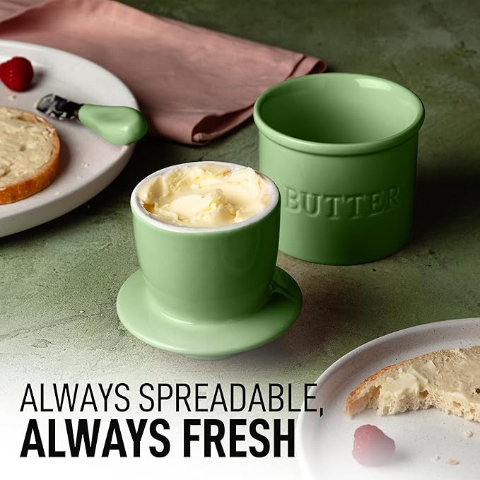 Zulay Kitchen Bell Shaped Butter Crock with Lid for Countertop with Water Line & Spreader Knife, Ceramic French Butter Dish Keeper For Fresh, Soft & Spreadable Butter - Olive Green