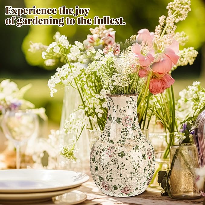 LemonRoad Vintage Ceramic Flower Vase 5.7 Inch Chinoiserie Ice Cracked Glaze Porcelain Vase Rustic Ceramic Large Centerpieces for Home Table Living Room Bookshelf Office(Plum Blossom Style)