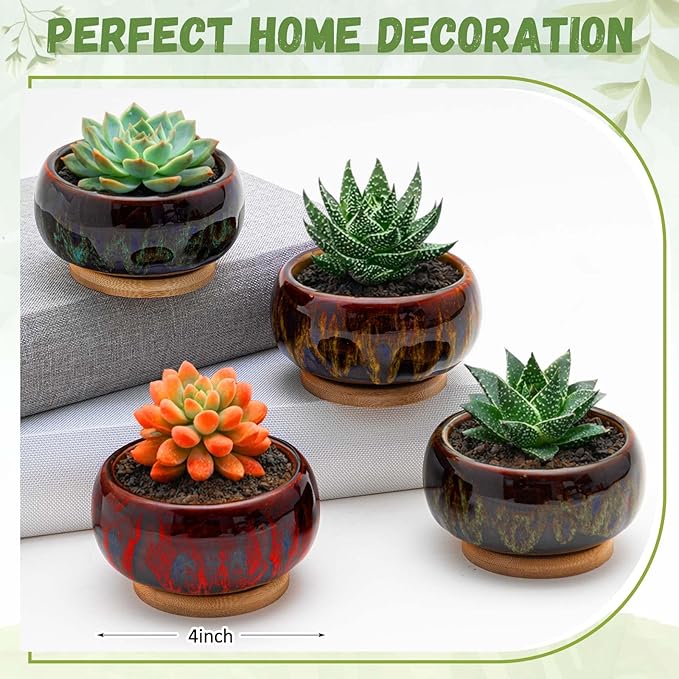 5 Pcs 7.3'' and 4'' Round Large Shallow Succulent Ceramic Planter Pots with Drainage Hole Drip Glazed Shallow Bonsai Pot with Bamboo Tray for Indoor Outdoor Plants Decor Cactus Flower