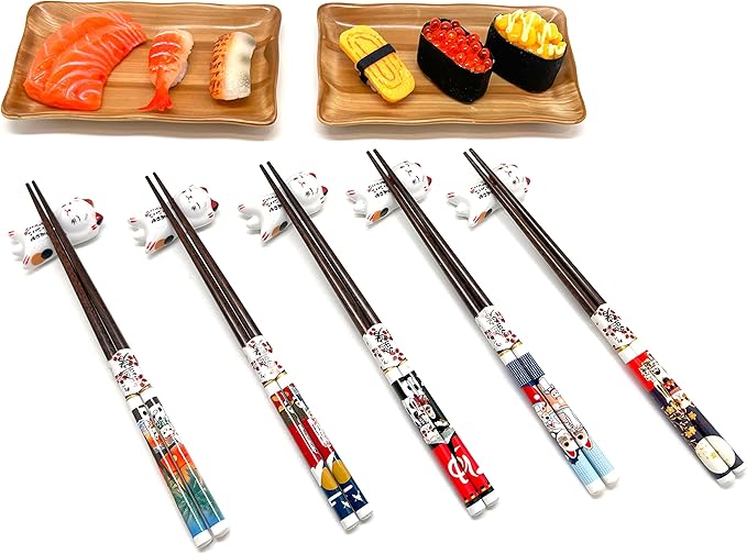 Wooden Chopsticks Reusable 5 Pairs Gift Set with 5pcs porcelain rest Lucky Cat Design Hand-Made 8.8 Inch/22.5cm