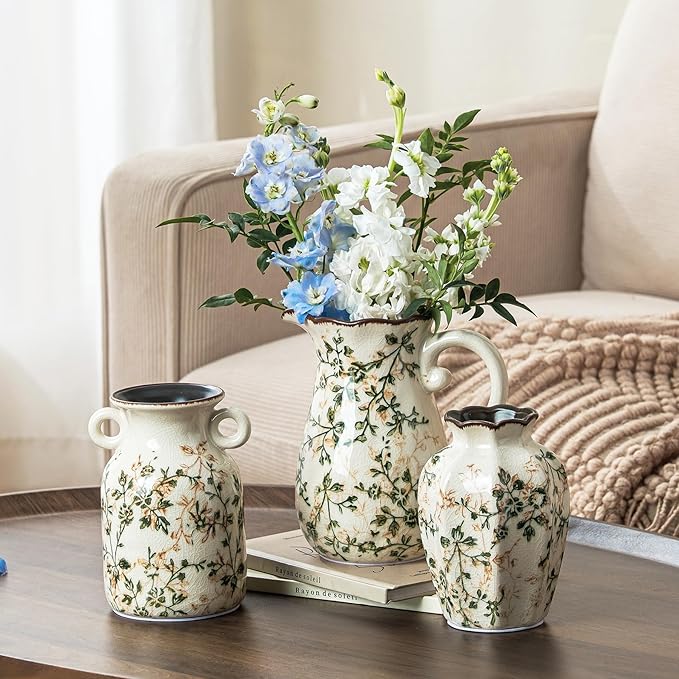 Ceramic Vases Set of 3, Green & Beige Chinoiserie Flower Pitcher Vase, Farmhouse Vintage Floral Vase Home Decor for Mantle, Fireplace, Kitchen Counter, Living Room Bookshelf Rustic Table Centerpiece
