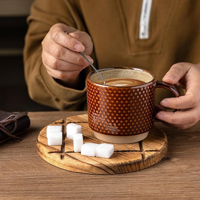 GBhome 12 OZ Stackable Coffee Mugs Set of 6, Ceramic Coffee Cups with Texture Patterns for Man,Woman,Dad,Mom, Modern Coffee Cups for Latte/Cappuccino/Cocoa. Dishwasher&Microwave Safe,Caramel