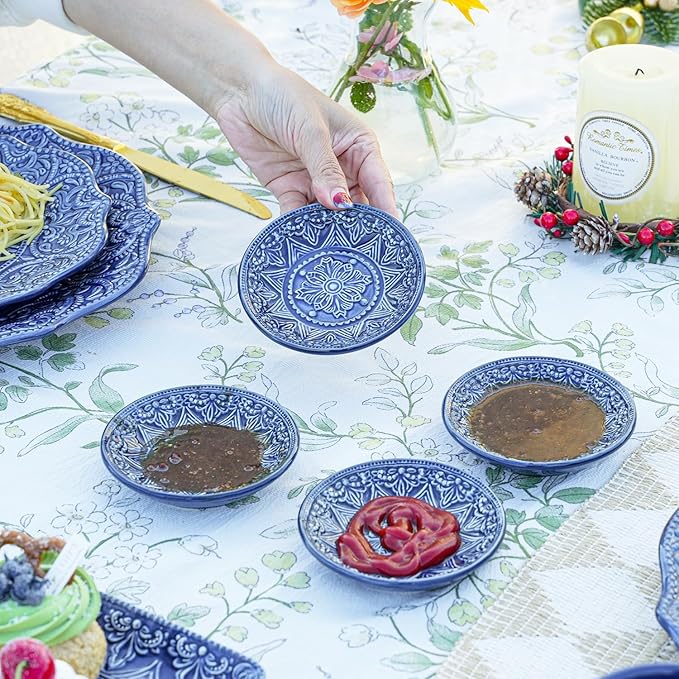 Sungmor Embossed Stoneware Fine Dining Dinnerware, Antique Baroque Style Porcelain 4 Inch Soy Saucer Dish, Set of 4 Sophisticated Ceramic Dipping Bowl, Appetizer Dessert Plate, Ketchup, Spices Bowl