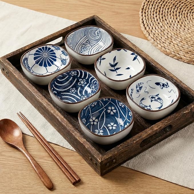 clothmile 6 Pcs Blue and White Sauce Dishes 3.6"×3.6"×1.6" Traditional Chinese Ceramic Side Bowl for Sushi Sauce Snack Pinch Home Kitchen Decor Housewarming Gift