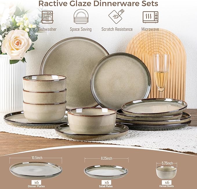 GBHOME Dinnerware Sets for 6, 18 Pieces Stoneware Plates and Bowls Sets, Scratch Resistant Dishes, Dishwasher & Microwave Safe, Reactive Glaze