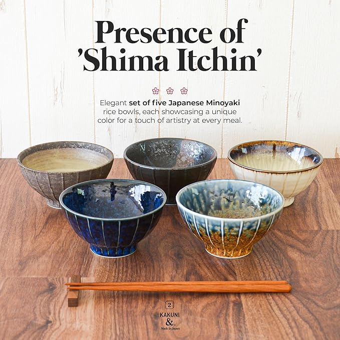 Set of 5 Japanese Ceramic Striped Ichichin Rice Bowls, Deep Soup & Eating Bowls with Distinctive Three-Dimensional Lines,Convenient, Stackable, for Cooking Prep & Serving (Black)