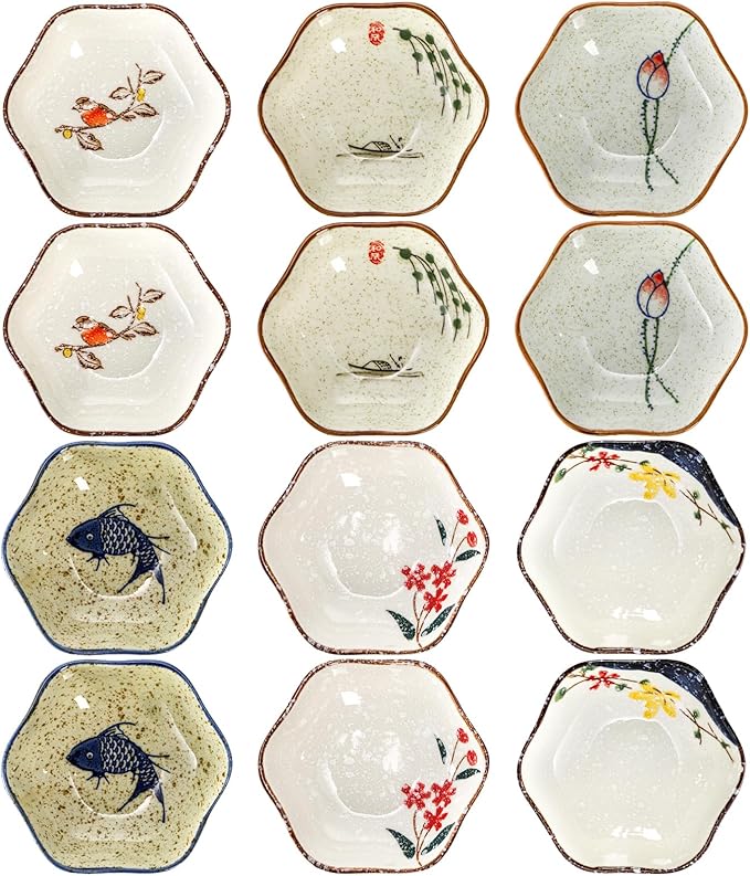 12 Pieces Japanese Sauce Dishes, 4 Oz Ceramic Side Dish Set, Small Flower-shaped Seasoning Soy Dipping Bowl Plate for Sushi, Snack, Appetizer, Kitchen Prep, 6 Patterns